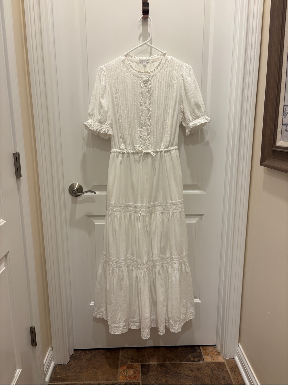 Charter Club Boho White Cotton/Rayon Maxi Dress With Pintuck & Lace Details